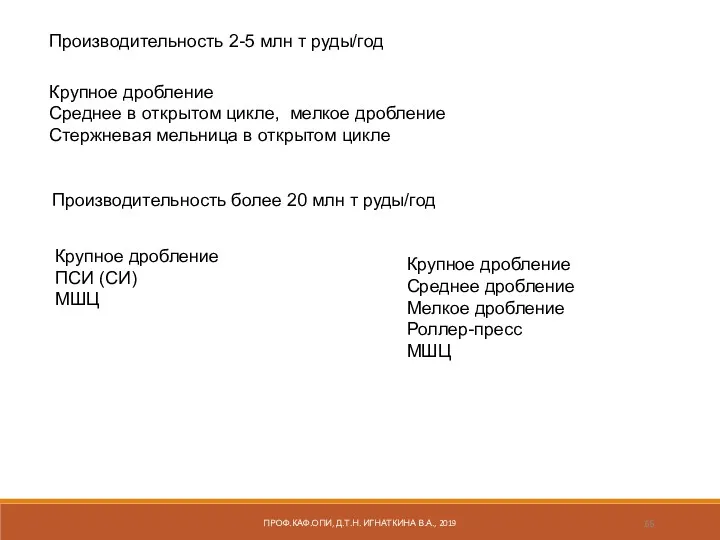 Производительность 2-5 млн т руды/год Крупное дробление Среднее в открытом