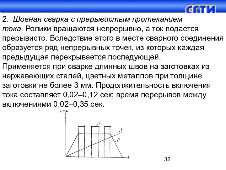 2. Шовная сварка с прерывистым протеканием тока. Ролики вращаются непрерывно, а ток подается