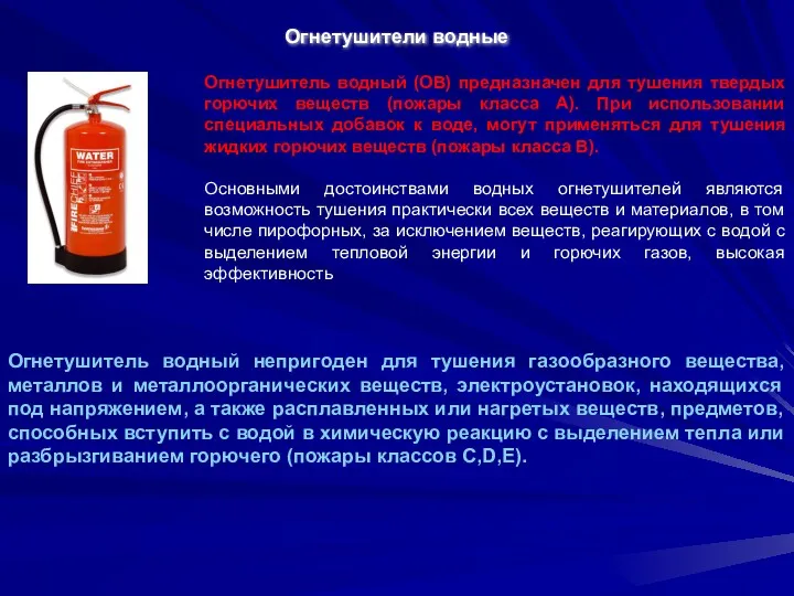 Огнетушители водные Огнетушитель водный (ОВ) предназначен для тушения твердых горючих