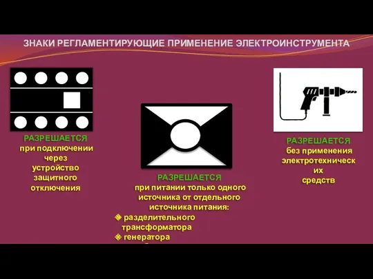 ЗНАКИ РЕГЛАМЕНТИРУЮЩИЕ ПРИМЕНЕНИЕ ЭЛЕКТРОИНСТРУМЕНТА РАЗРЕШАЕТСЯ при подключении через устройство защитного