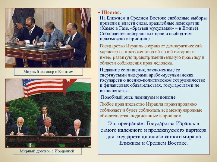 Шестое. На Ближнем и Среднем Востоке свободные выборы привели к