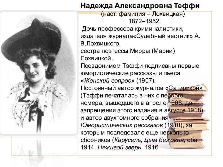 Надежда Александровна Теффи (наст. фамилия – Лохвицкая) 1872–1952 Дочь профессора