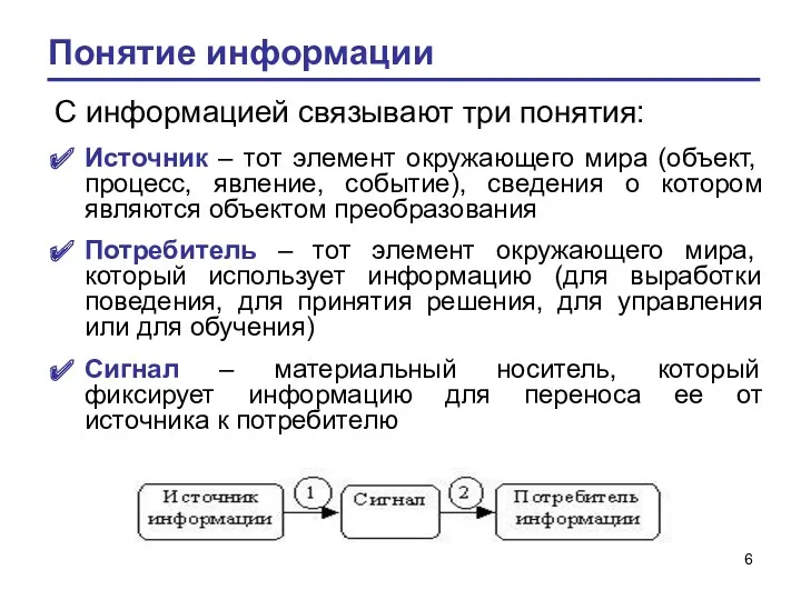 Понятие информации Источник – тот элемент окружающего мира (объект, процесс,