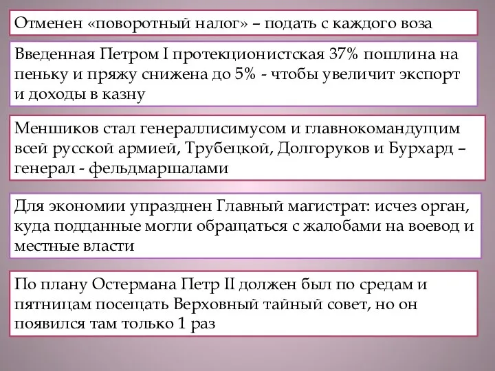 Отменен «поворотный налог» – подать с каждого воза Введенная Петром I протекционистская 37%