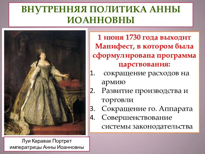 ВНУТРЕННЯЯ ПОЛИТИКА АННЫ ИОАННОВНЫ Луи Каравак Портрет императрицы Анны Иоанновны 1 июня 1730