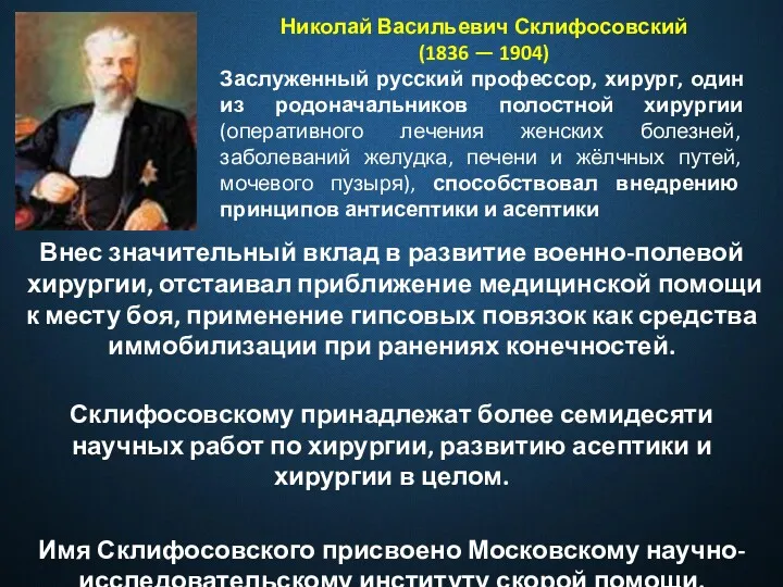 Николай Васильевич Склифосовский (1836 — 1904) Заслуженный русский профессор, хирург,