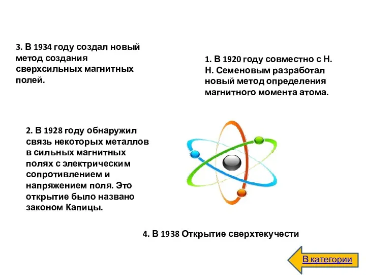 4. В 1938 Открытие сверхтекучести В категории 3. В 1934