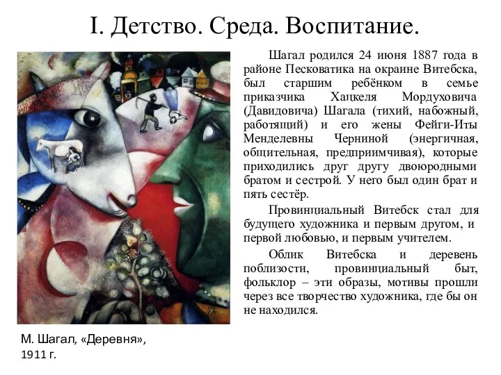 I. Детство. Среда. Воспитание. Шагал родился 24 июня 1887 года