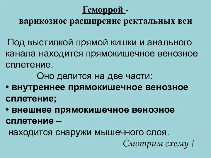 Геморрой - варикозное расширение ректальных вен Под выстилкой прямой кишки и анального канала