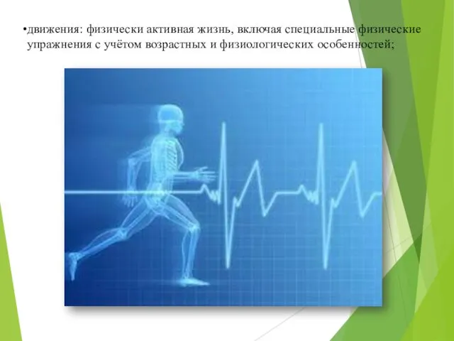 движения: физически активная жизнь, включая специальные физические упражнения с учётом возрастных и физиологических особенностей;