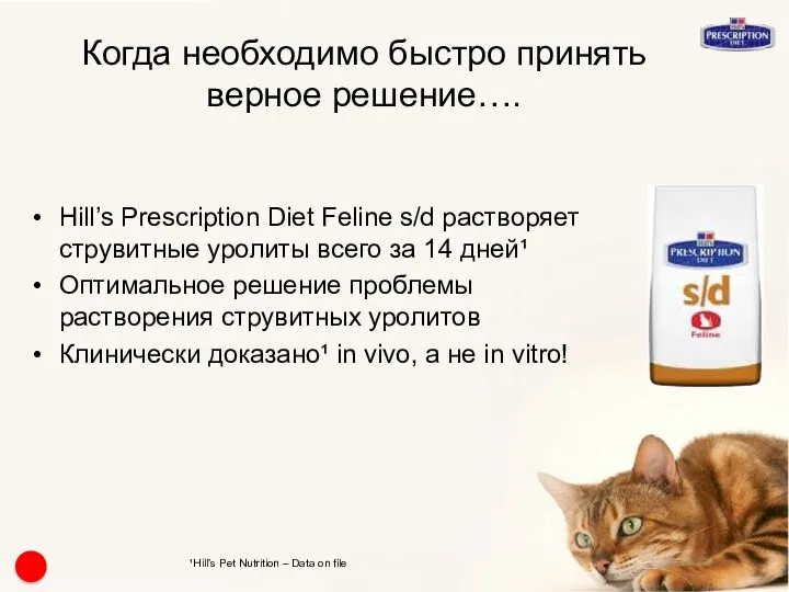 Когда необходимо быстро принять верное решение…. Hill’s Prescription Diet Feline s/d растворяет струвитные