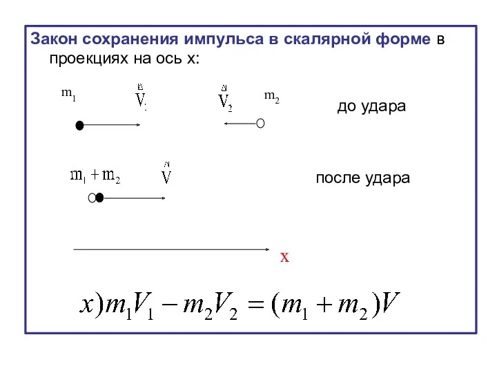 Закон сохранения импульса в скалярной форме в проекциях на ось х: