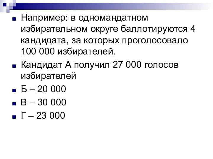 Например: в одномандатном избирательном округе баллотируются 4 кандидата, за которых