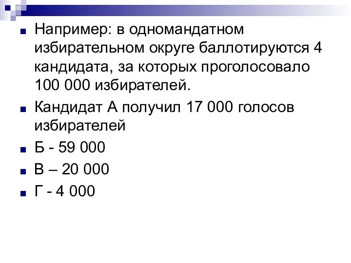 Например: в одномандатном избирательном округе баллотируются 4 кандидата, за которых