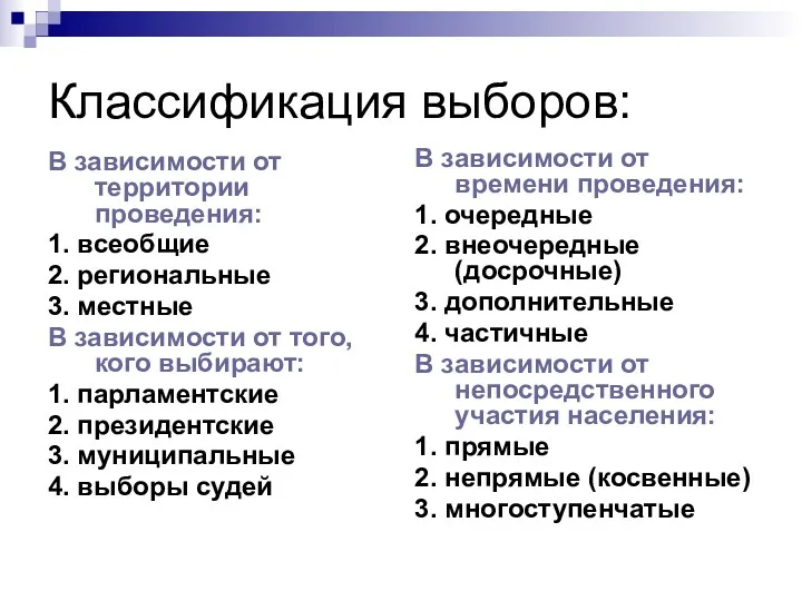 Классификация выборов: В зависимости от территории проведения: 1. всеобщие 2.