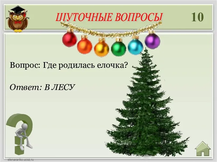 10 Ответ: В ЛЕСУ Вопрос: Где родилась елочка? ШУТОЧНЫЕ ВОПРОСЫ