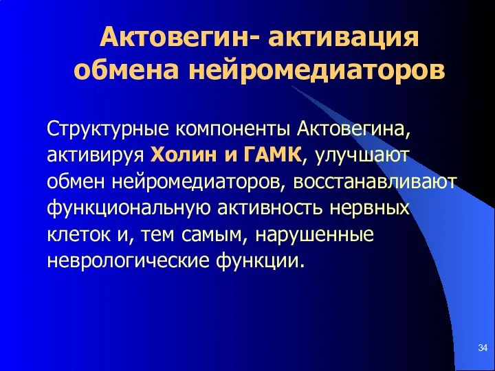 Актовегин- активация обмена нейромедиаторов Структурные компоненты Актовегина, активируя Холин и