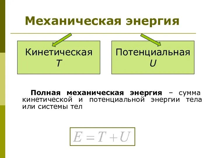 Полная механическая энергия – сумма кинетической и потенциальной энергии тела