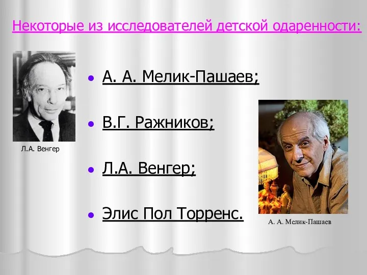 Некоторые из исследователей детской одаренности: А. А. Мелик-Пашаев; В.Г. Ражников;