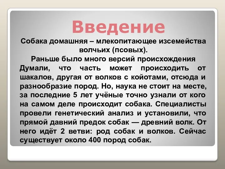 Введение Собака домашняя – млекопитающее изсемейства волчьих (псовых). Раньше было много версий происхождения