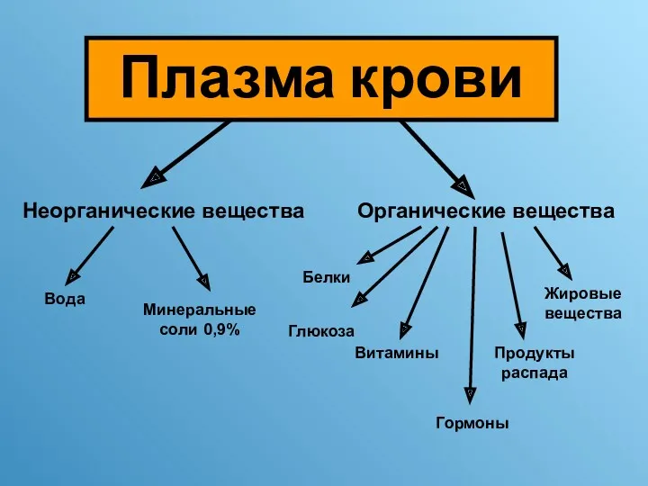 Неорганические вещества Органические вещества Вода Минеральные соли 0,9% Белки Глюкоза Витамины Гормоны Продукты