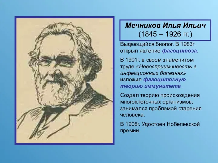 Мечников Илья Ильич (1845 – 1926 гг.) Выдающийся биолог. В 1983г. открыл явление