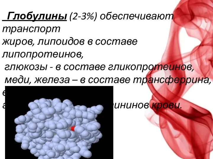 Глобулины (2-3%) обеспечивают транспорт жиров, липоидов в составе липопротеинов, глюкозы