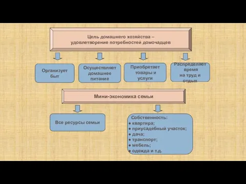 Цель домашнего хозяйства – удовлетворение потребностей домочадцев Организует быт Осуществляет