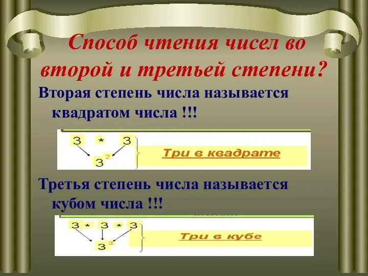 Способ чтения чисел во второй и третьей степени? Вторая степень