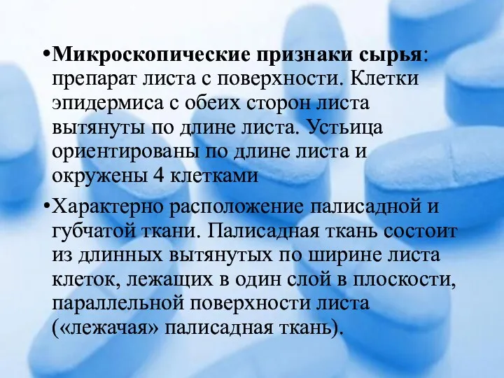 Микроскопические признаки сырья: препарат листа с поверхности. Клетки эпидермиса с