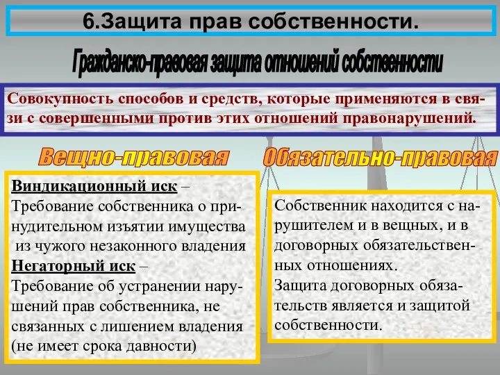 6.Защита прав собственности. Совокупность способов и средств, которые применяются в