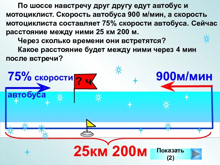 По шоссе навстречу друг другу едут автобус и мотоциклист. Скорость автобуса 900 м/мин,