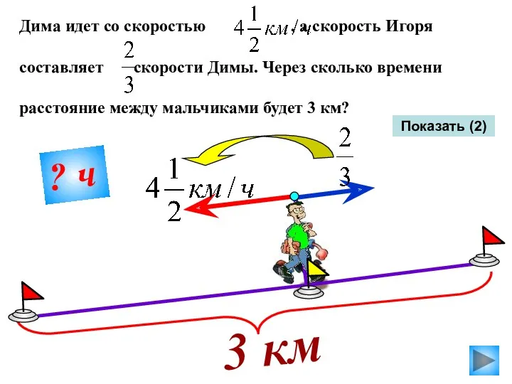 Показать (2) Дима идет со скоростью , а скорость Игоря составляет скорости Димы.