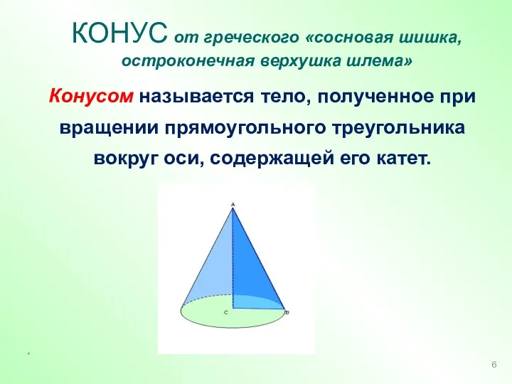 КОНУС от греческого «сосновая шишка, остроконечная верхушка шлема» Конусом называется