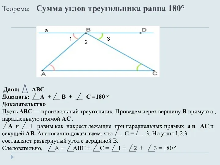 Теорема: Сумма углов треугольника равна 180° Дано: АВС Доказать: А