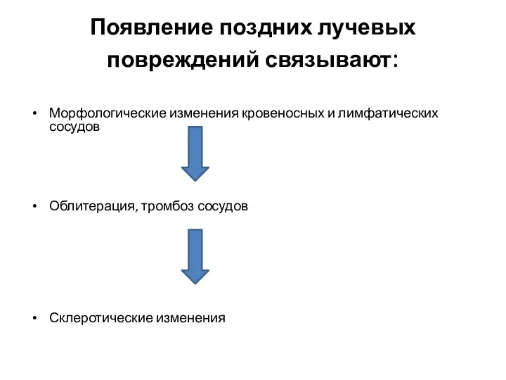 Появление поздних лучевых повреждений связывают: Морфологические изменения кровеносных и лимфатических сосудов Облитерация, тромбоз сосудов Склеротические изменения