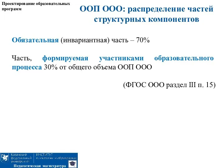 Проектирование образовательных программ Педагогическая магистратура Обязательная (инвариантная) часть – 70%