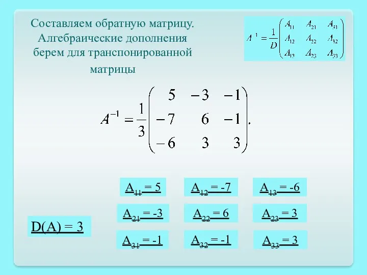 D(A) = 3 Составляем обратную матрицу. Алгебраические дополнения берем для транспонированной матрицы A11