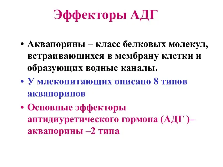 Эффекторы АДГ Аквапорины – класс белковых молекул, встраивающихся в мембрану