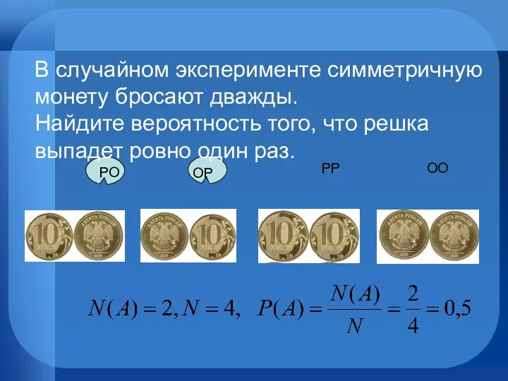 ОО РР ОР РО В случайном эксперименте симметричную монету бросают