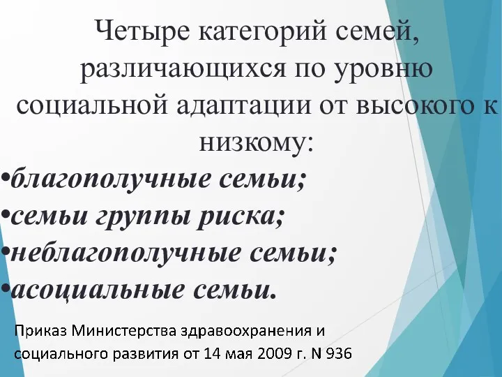 Четыре категорий семей, различающихся по уровню социальной адаптации от высокого