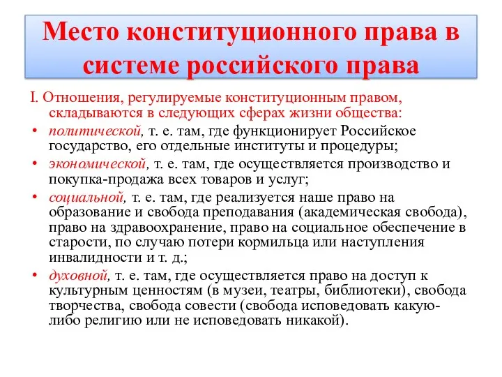 Место конституционного права в системе российского права I. Отношения, регулируемые