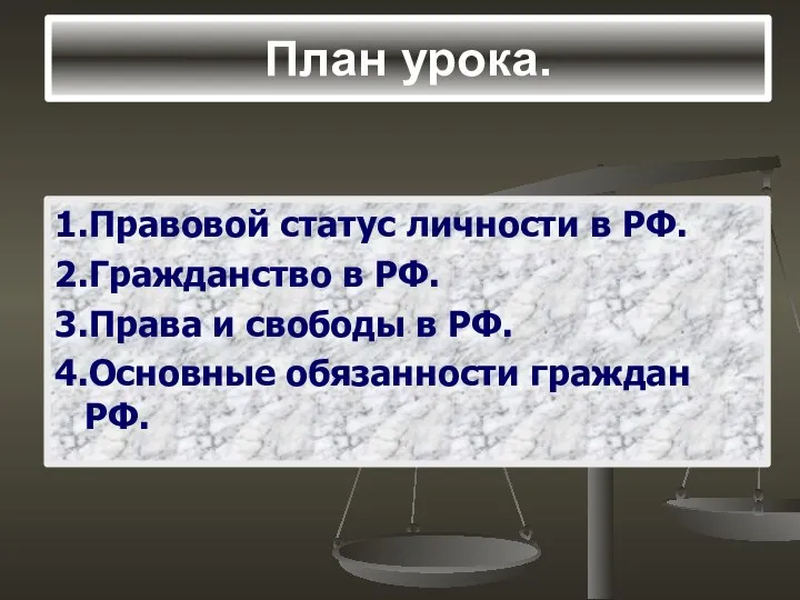 План урока. 1.Правовой статус личности в РФ. 2.Гражданство в РФ.