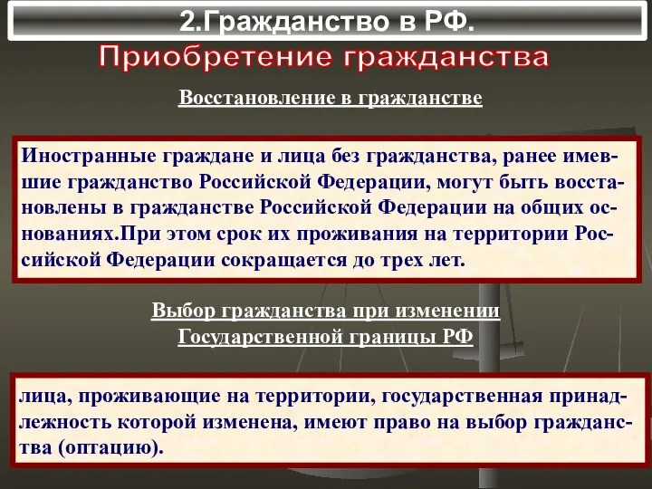 2.Гражданство в РФ. Приобретение гражданства Восстановление в гражданстве Иностранные граждане