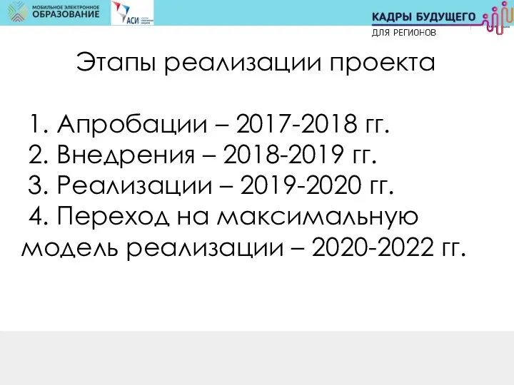 Этапы реализации проекта 1. Апробации – 2017-2018 гг. 2. Внедрения