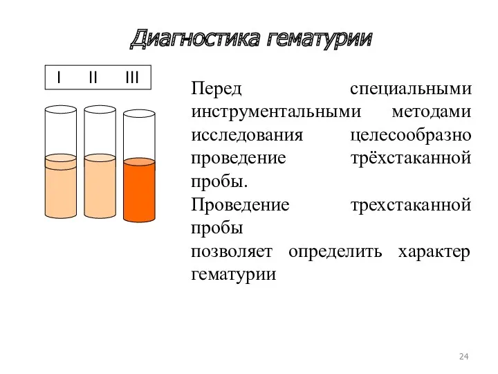 Диагностика гематурии Перед специальными инструментальными методами исследования целесообразно проведение трёхстаканной