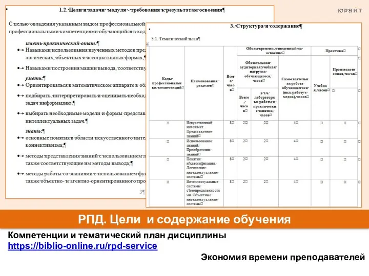 Компетенции и тематический план дисциплины https://biblio-online.ru/rpd-service Экономия времени преподавателей РПД. Цели и содержание обучения