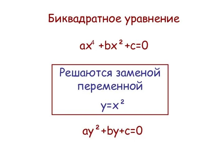 Биквадратное уравнение ах +bx²+c=0 4 Решаются заменой переменной у=х² ау²+by+c=0