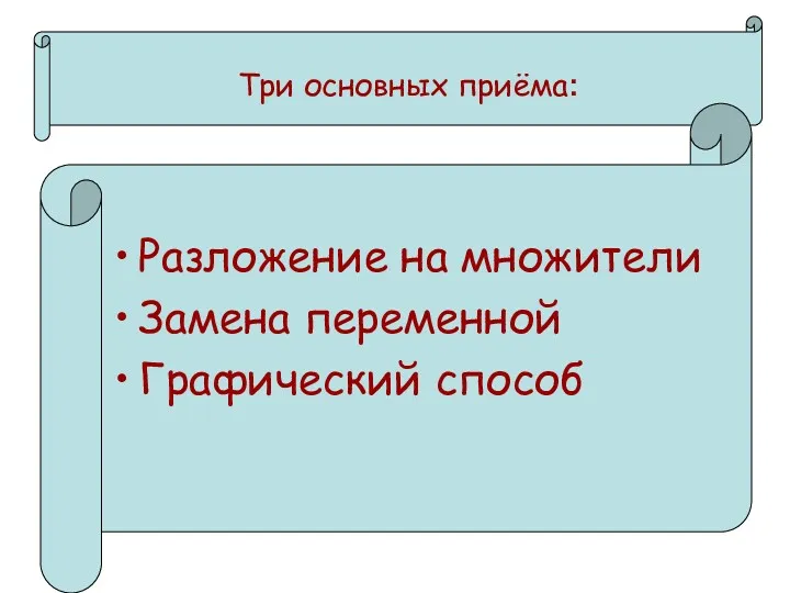 Разложение на множители Замена переменной Графический способ Три основных приёма: