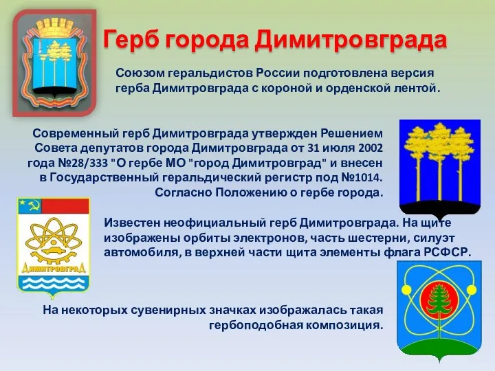 Герб города Димитровграда Современный герб Димитровграда утвержден Решением Совета депутатов